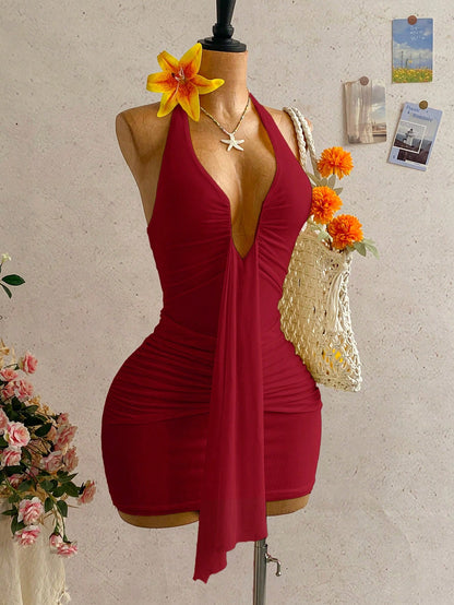 Soleia Women's Summer Bohemian Vacation Sexy Tie-Front Ruched Mini Dress,Summer Dresses For Women