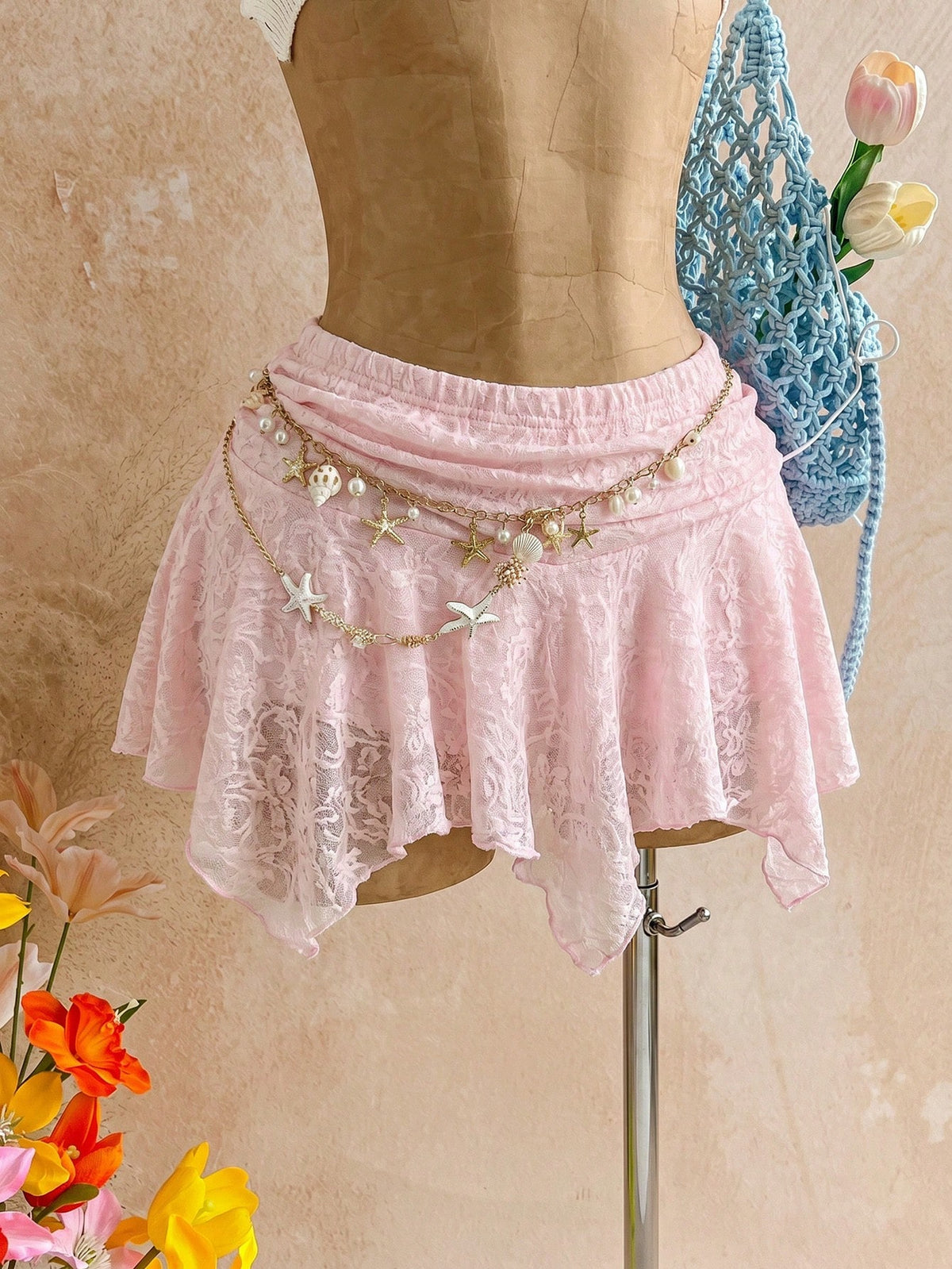 Soleia Women's Summer Solid Color Lace Asymmetric Hem Pink Skirt, Festival Winter Party