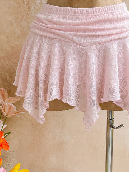 Soleia Women's Summer Solid Color Lace Asymmetric Hem Pink Skirt, Festival Winter Party