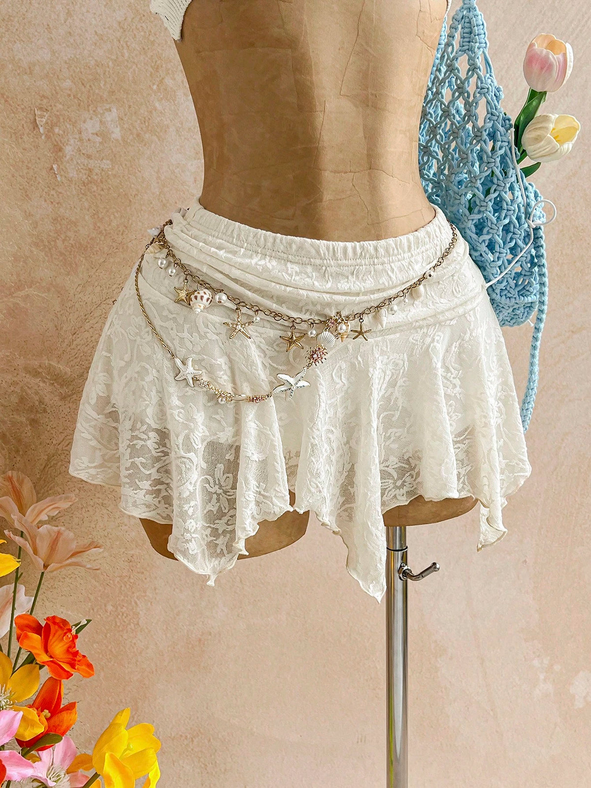 Soleia Women's Summer White Flower Fairycore Flowy Lace Asymmetric Hem Skirt,Beach Vacation Holiday Boho Ruffle Shorts Bloomers,Bohemian Party Costume