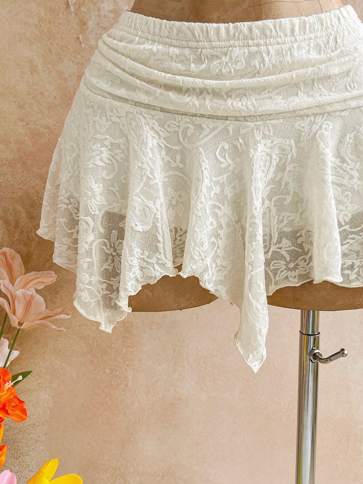 Soleia Women's Summer White Flower Fairycore Flowy Lace Asymmetric Hem Skirt,Beach Vacation Holiday Boho Ruffle Shorts Bloomers,Bohemian Party Costume