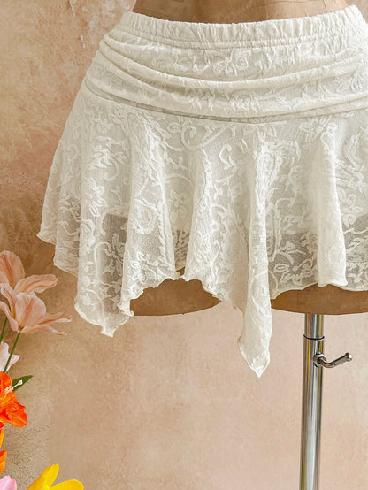 Soleia Women's Summer White Flower Fairycore Flowy Lace Asymmetric Hem Skirt,Beach Vacation Holiday Boho Ruffle Shorts Bloomers,Bohemian Party Costume
