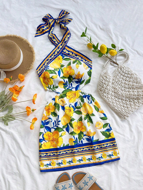 Soleia Women's White And Yellow Vintage Lemon Print Halter Neck Tie Front Hollow Out Mini Dress,Summer Boho Holiday Vacation No Bra Pads
