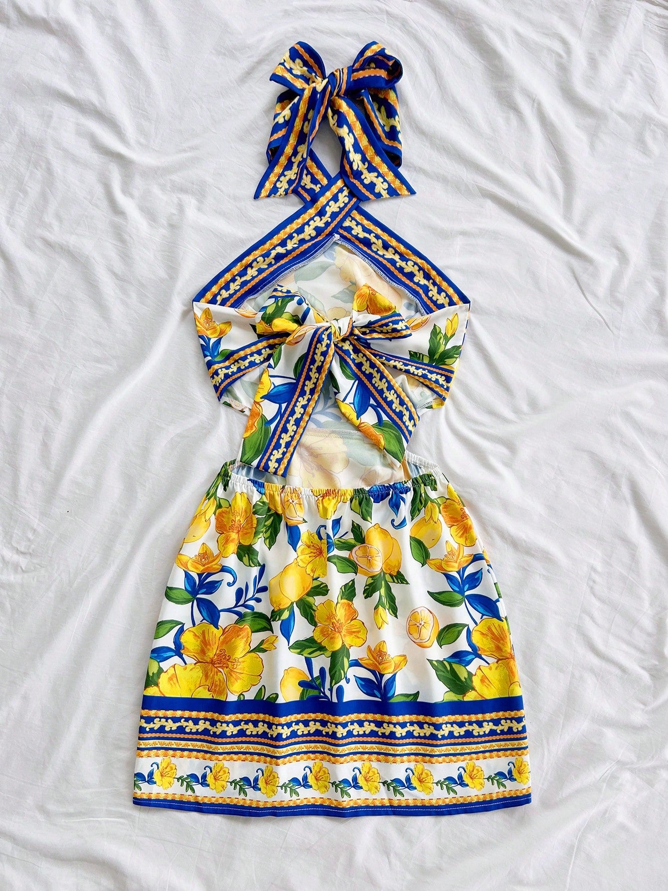 Soleia Women's White And Yellow Vintage Lemon Print Halter Neck Tie Front Hollow Out Mini Dress,Summer Boho Holiday Vacation No Bra Pads