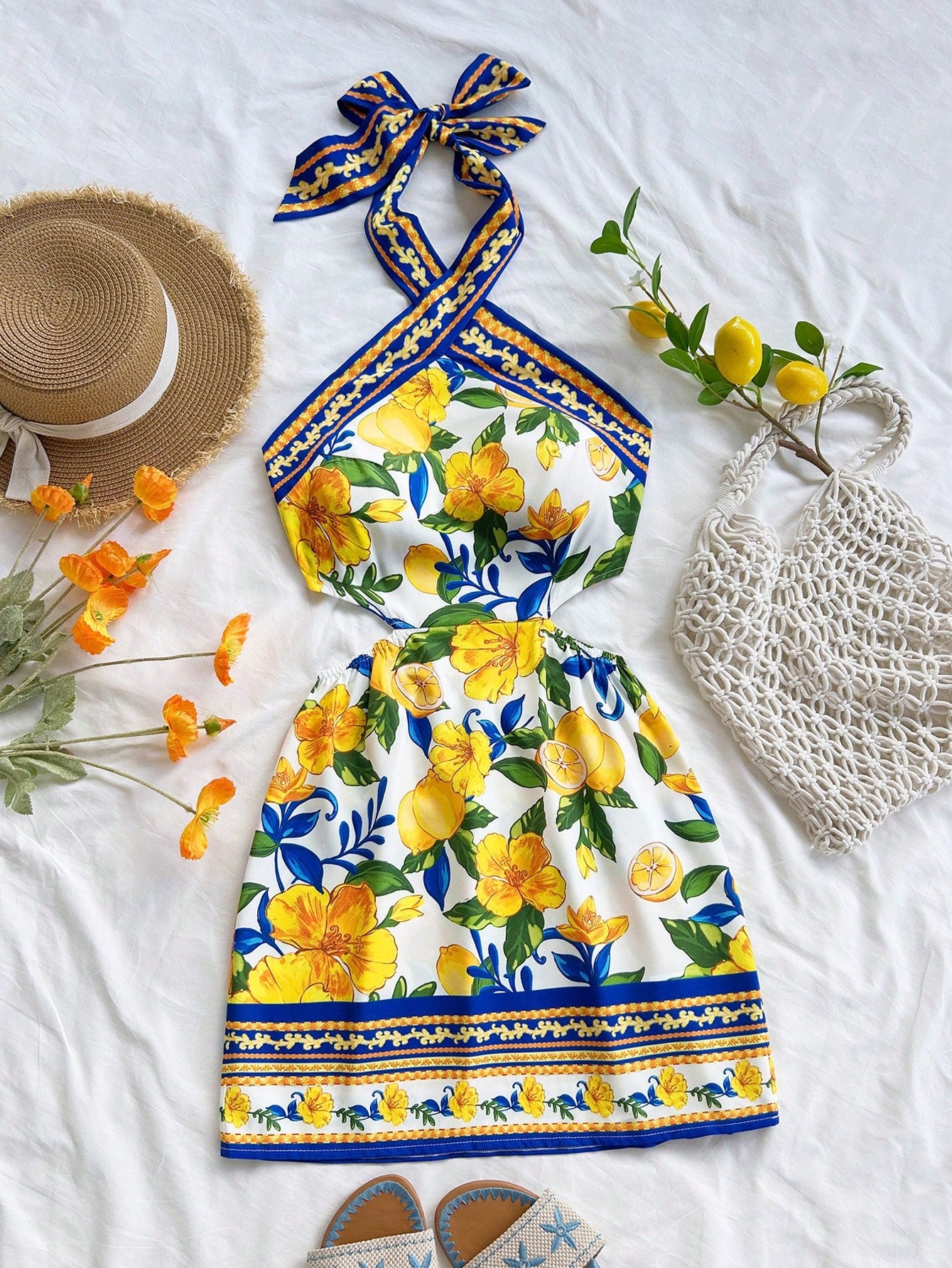 Soleia Women's White And Yellow Vintage Lemon Print Halter Neck Tie Front Hollow Out Mini Dress,Summer Boho Holiday Vacation No Bra Pads