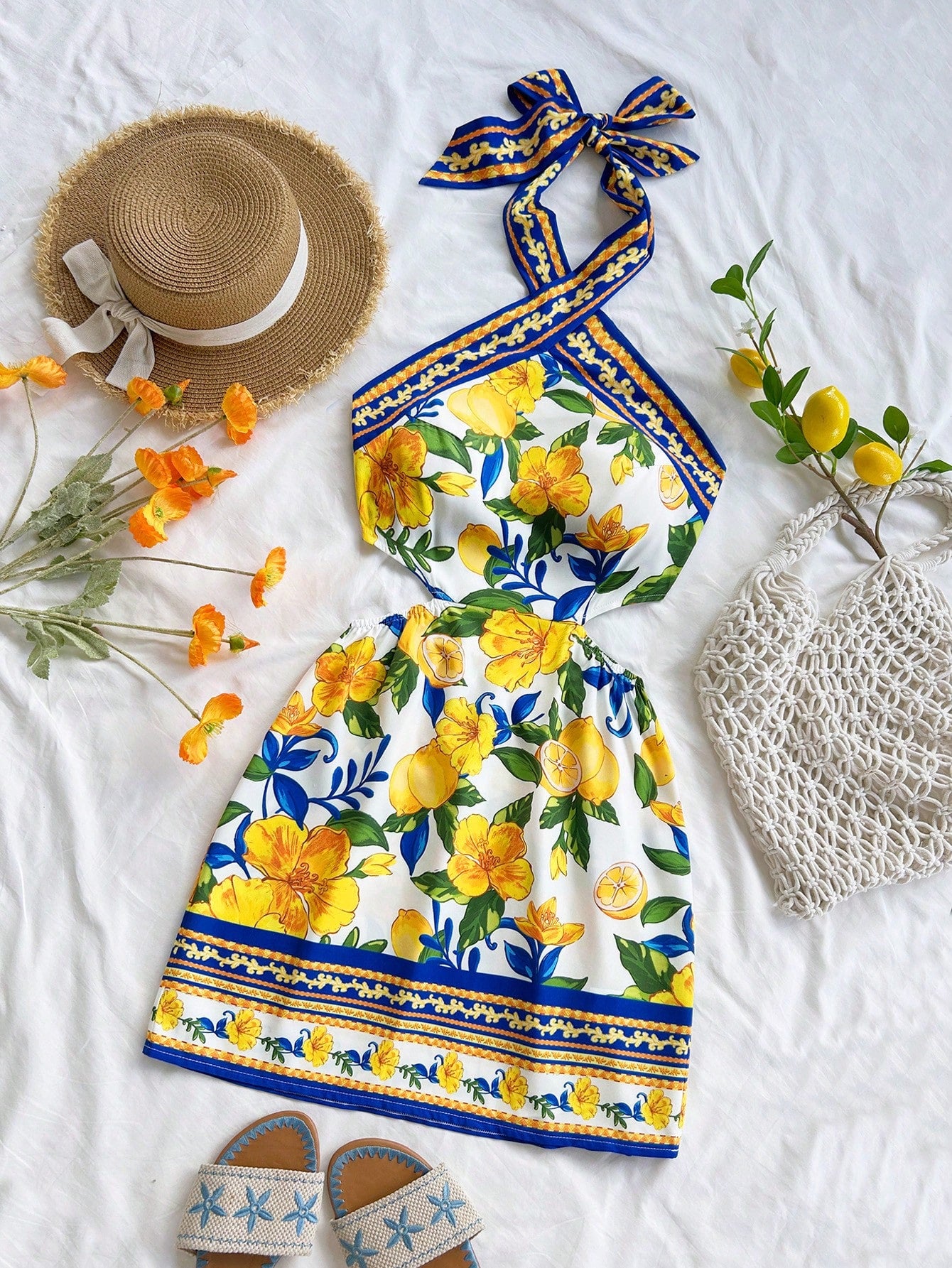 Soleia Women's White And Yellow Vintage Lemon Print Halter Neck Tie Front Hollow Out Mini Dress,Summer Boho Holiday Vacation No Bra Pads