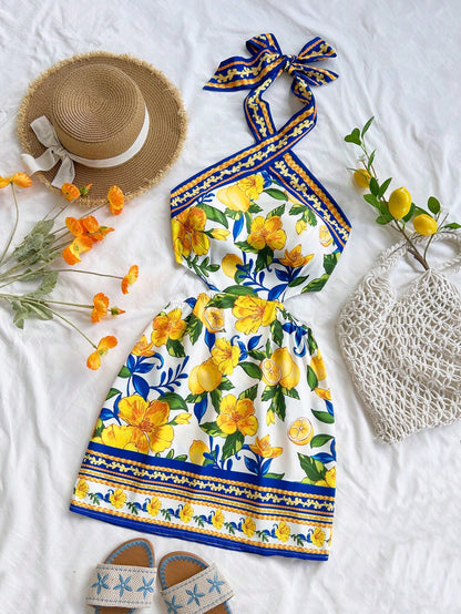 Soleia Women's White And Yellow Vintage Lemon Print Halter Neck Tie Front Hollow Out Mini Dress,Summer Boho Holiday Vacation No Bra Pads