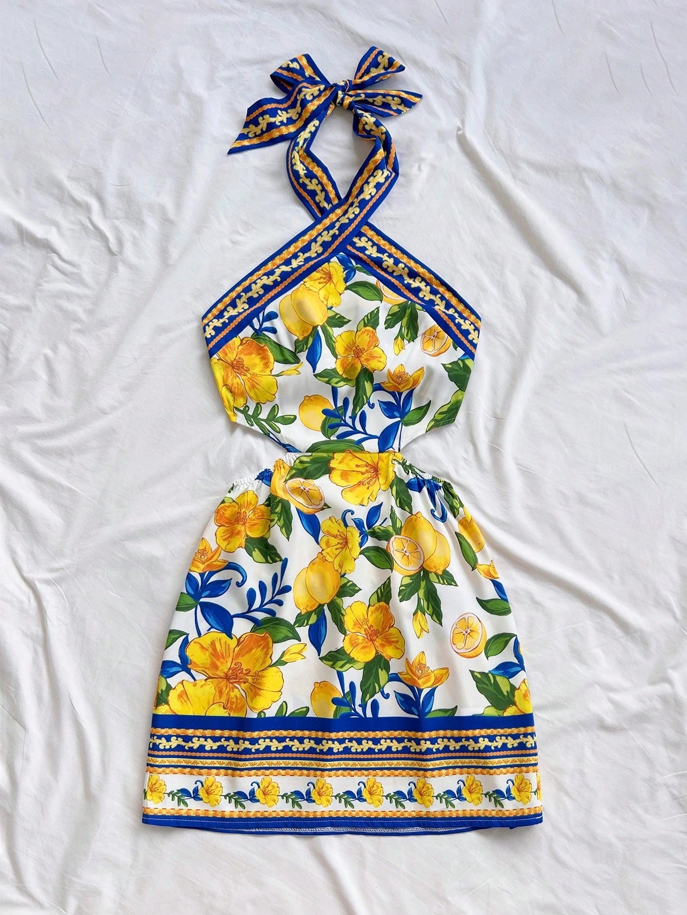 Soleia Women's White And Yellow Vintage Lemon Print Halter Neck Tie Front Hollow Out Mini Dress,Summer Boho Holiday Vacation No Bra Pads