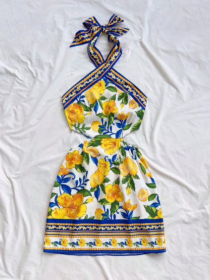 Soleia Women's White And Yellow Vintage Lemon Print Halter Neck Tie Front Hollow Out Mini Dress,Summer Boho Holiday Vacation No Bra Pads