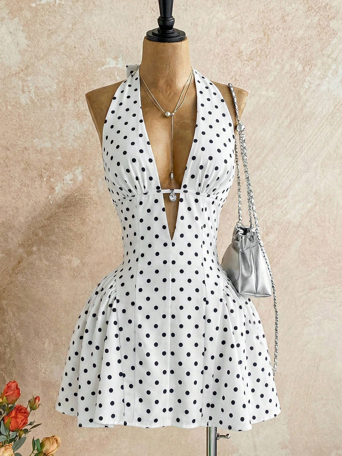 Soleia Women's White With Black Polka Dots V-Neck Hollow Waist A-Line Mini Dress,90s Retro Summer Vacation Dress Suitable For Party,Nightclub,Boho,Fall