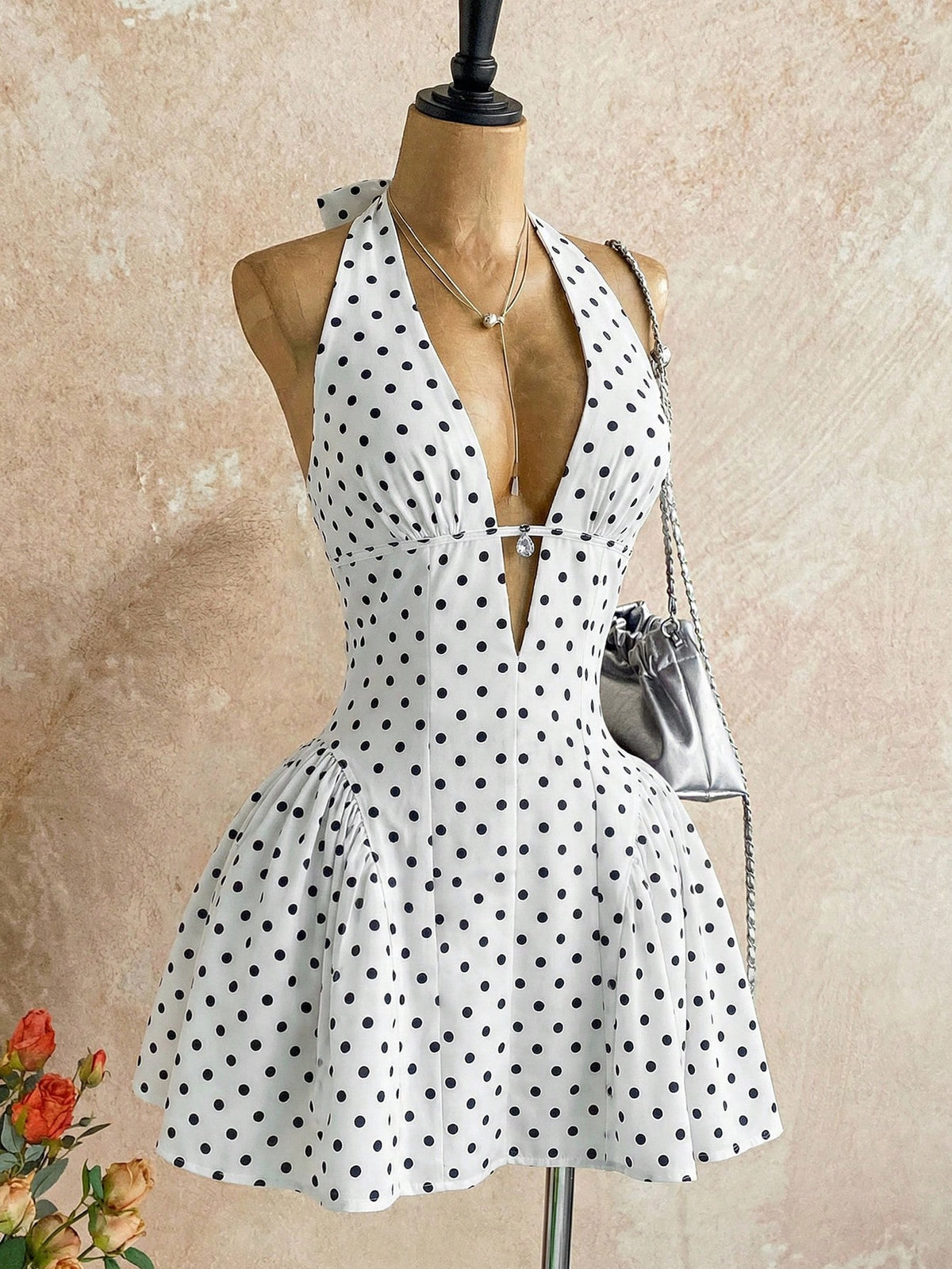 Soleia Women's White With Black Polka Dots V-Neck Hollow Waist A-Line Mini Dress,90s Retro Summer Vacation Dress Suitable For Party,Nightclub,Boho,Fall