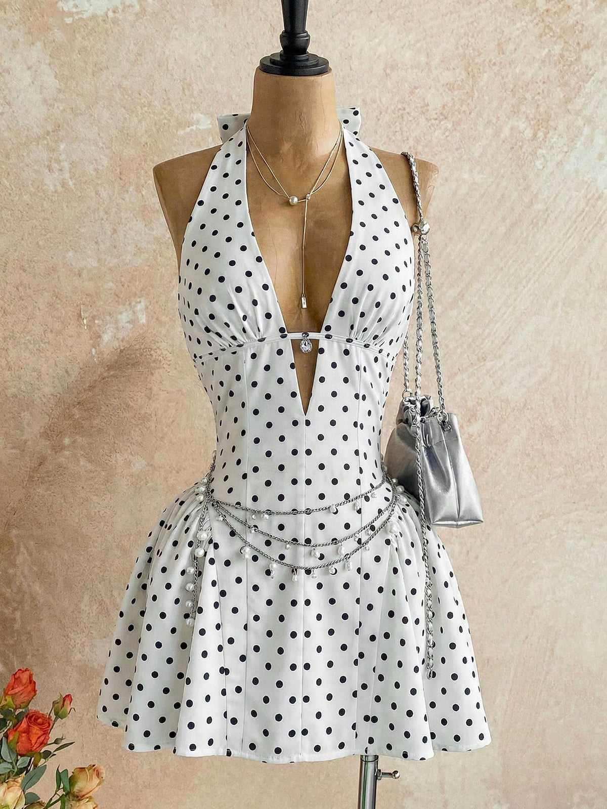 Soleia Women's White With Black Polka Dots V-Neck Hollow Waist A-Line Mini Dress,90s Retro Summer Vacation Dress Suitable For Party,Nightclub,Boho,Fall