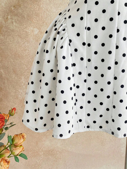 Soleia Women's White With Black Polka Dots V-Neck Hollow Waist A-Line Mini Dress,90s Retro Summer Vacation Dress Suitable For Party,Nightclub,Boho,Fall