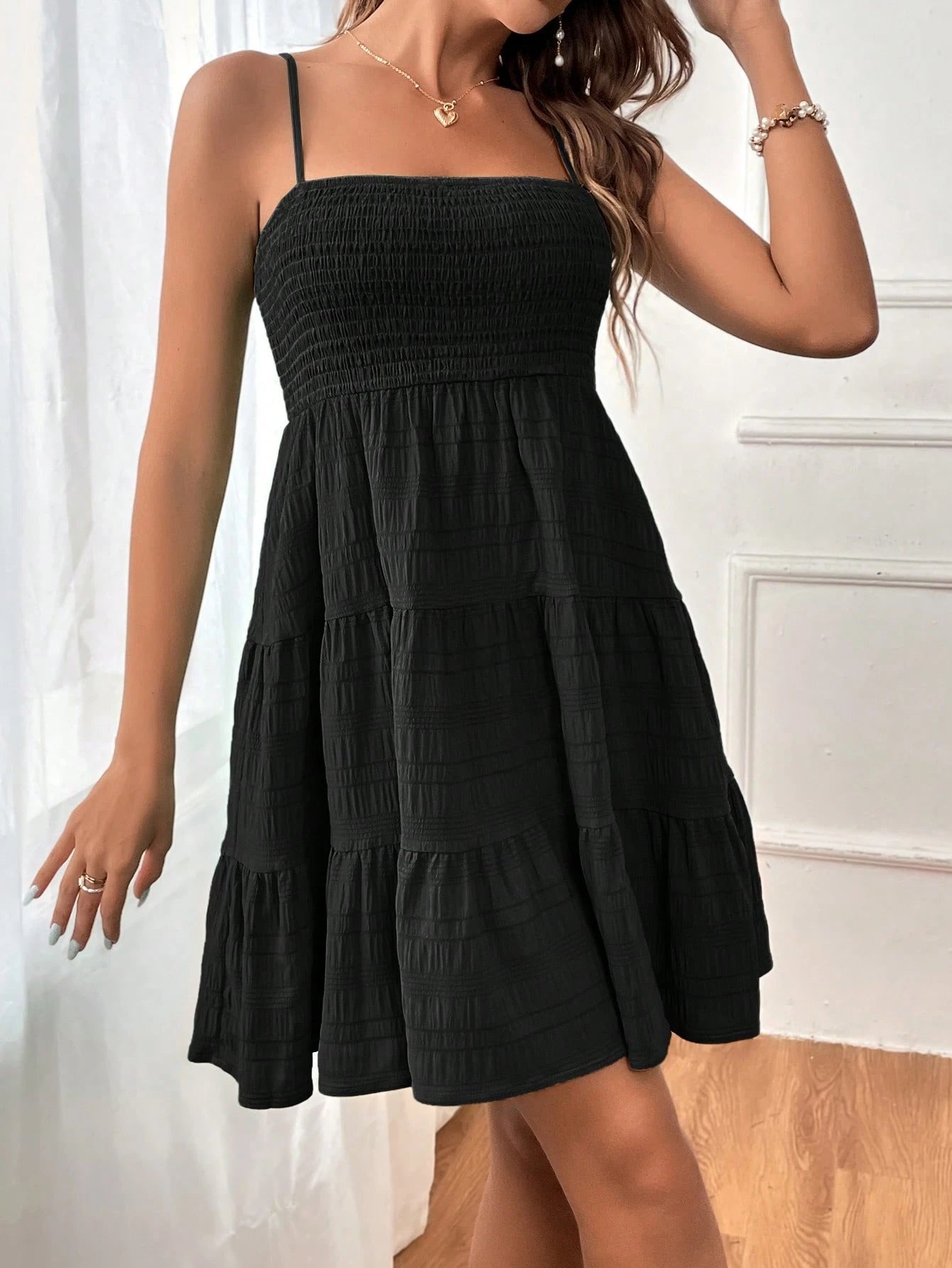 Soleia WYWH Women Vacation Spring Break Solid Layer Hem Cami Black Dress,Summer Dresses For Women