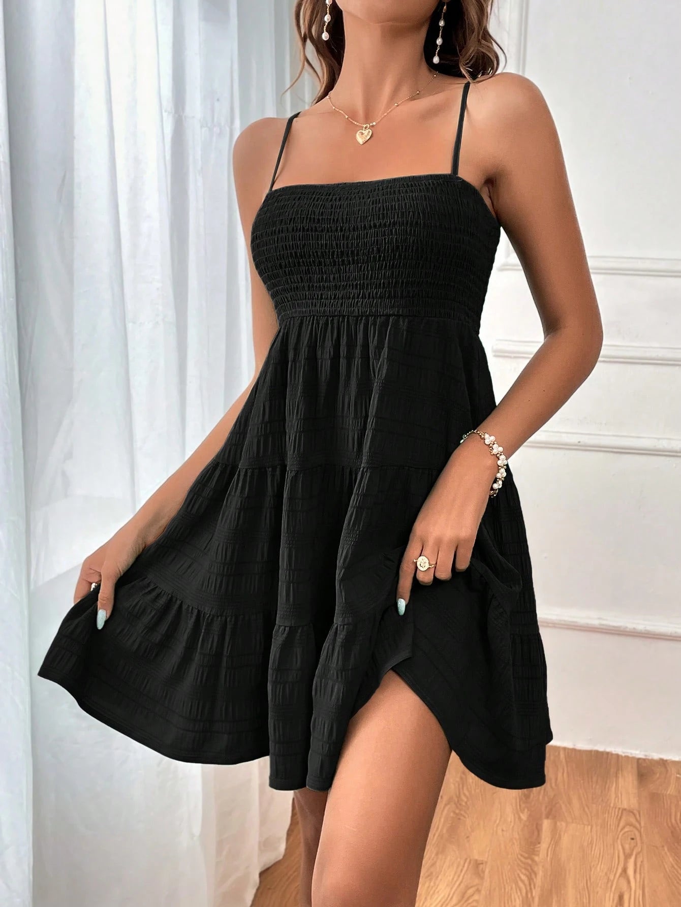 Soleia WYWH Women Vacation Spring Break Solid Layer Hem Cami Black Dress,Summer Dresses For Women