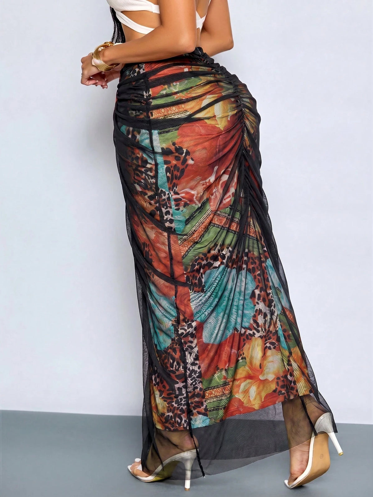 SOLERSUN Women's Black Leopard Hawaiian Print Ruched Maxi Skirt,High Waist Flowy Sheer Floral Summer Beach Vacation Skirt,Seksi Chic Night Out Holiday Wear