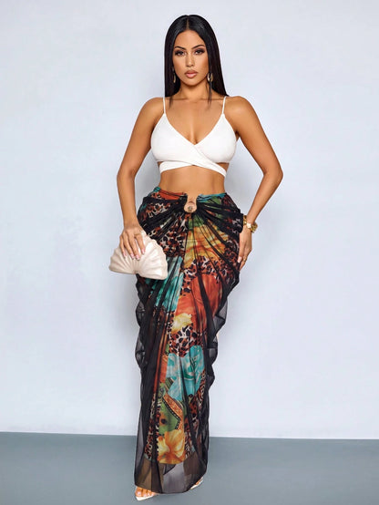 SOLERSUN Women's Black Leopard Hawaiian Print Ruched Maxi Skirt,High Waist Flowy Sheer Floral Summer Beach Vacation Skirt,Seksi Chic Night Out Holiday Wear