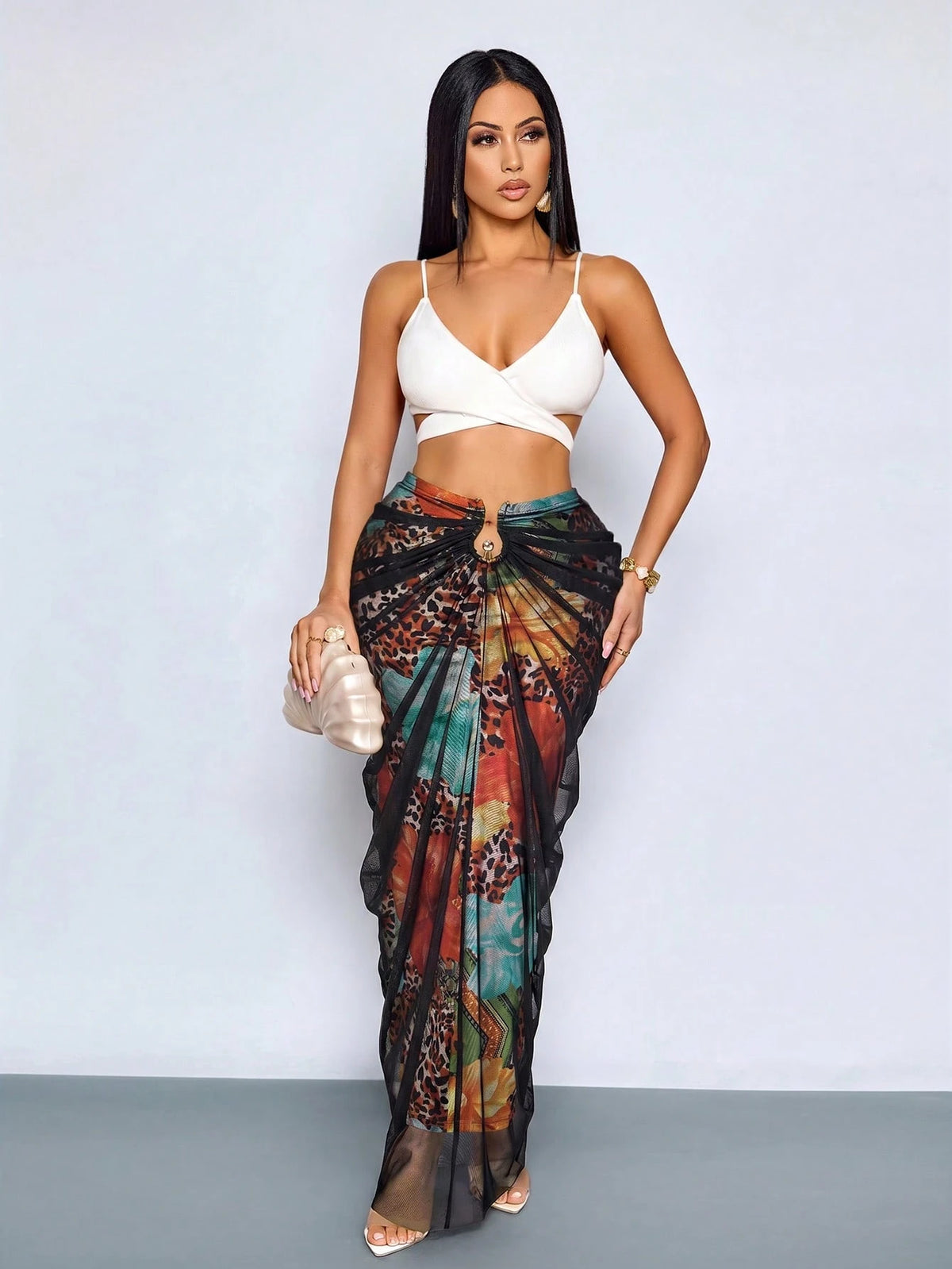 SOLERSUN Women's Black Leopard Hawaiian Print Ruched Maxi Skirt,High Waist Flowy Sheer Floral Summer Beach Vacation Skirt,Seksi Chic Night Out Holiday Wear