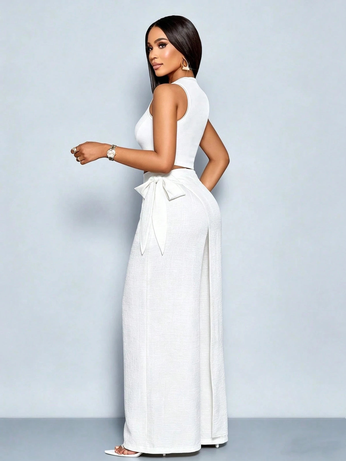 SOLERSUN Women's Linen-Like Belted High Waist Linen-Blend Tie Side Belted Wide Leg Pants