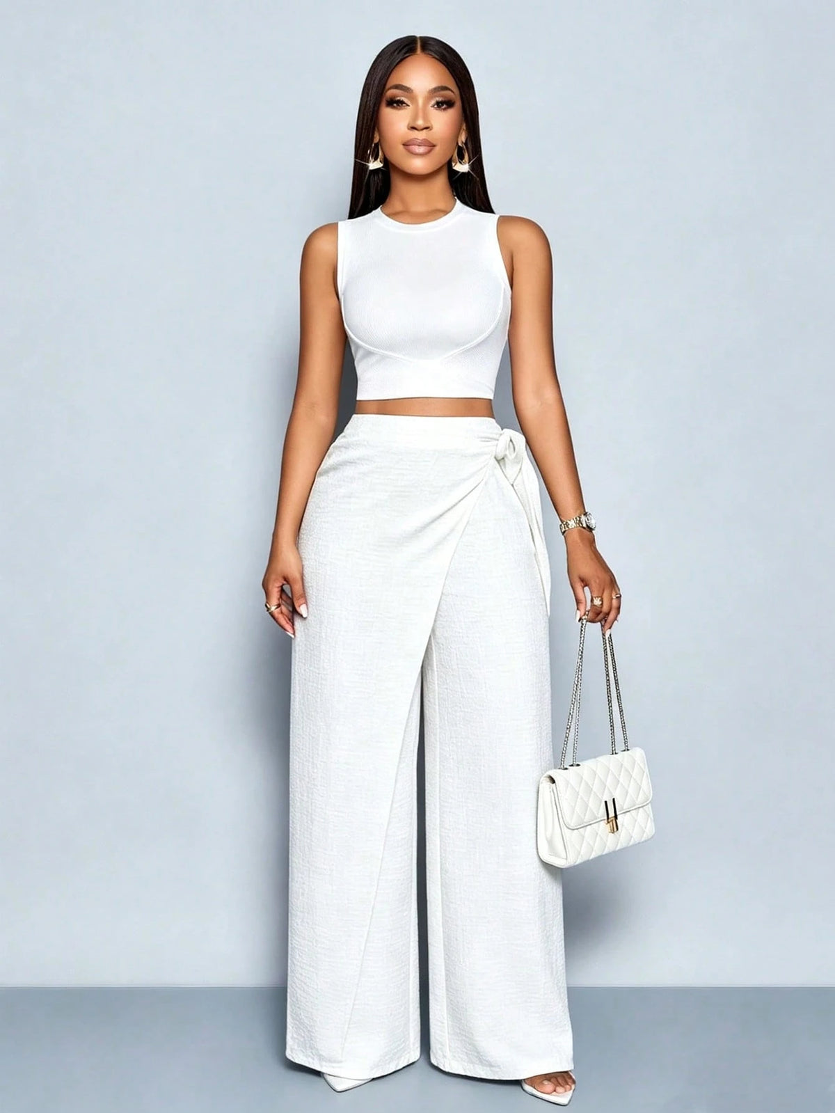 SOLERSUN Women's Linen-Like Belted High Waist Linen-Blend Tie Side Belted Wide Leg Pants