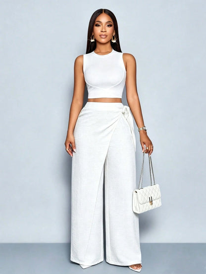SOLERSUN Women's Linen-Like Belted High Waist Linen-Blend Tie Side Belted Wide Leg Pants