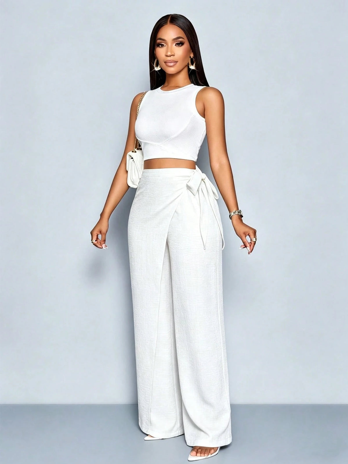 SOLERSUN Women's Linen-Like Belted High Waist Linen-Blend Tie Side Belted Wide Leg Pants
