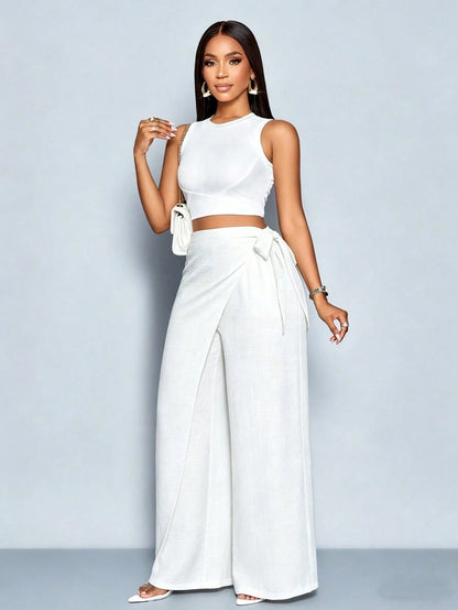 SOLERSUN Women's Linen-Like Belted High Waist Linen-Blend Tie Side Belted Wide Leg Pants