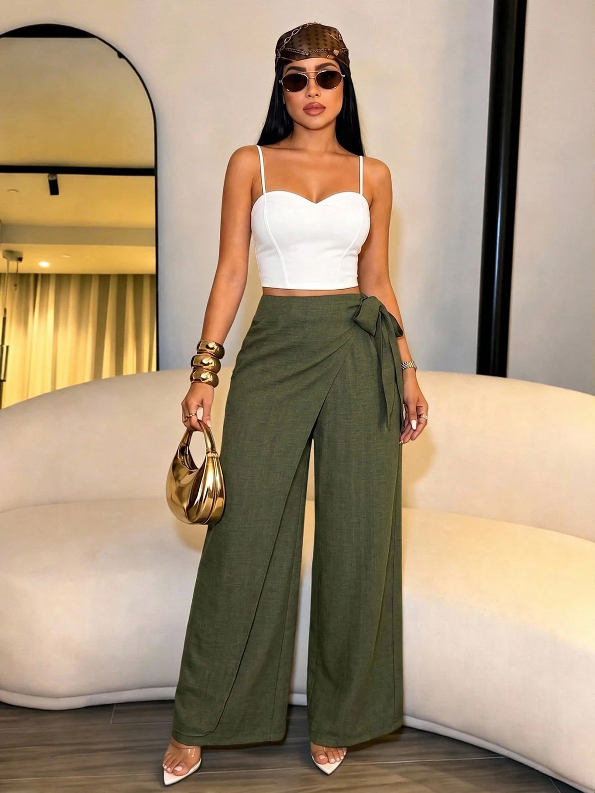SOLERSUN Women's Linen-Like Belted High Waist Linen-Blend Tie Side Belted Wide Leg Pants