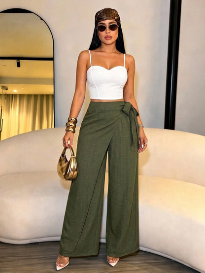 SOLERSUN Women's Linen-Like Belted High Waist Linen-Blend Tie Side Belted Wide Leg Pants