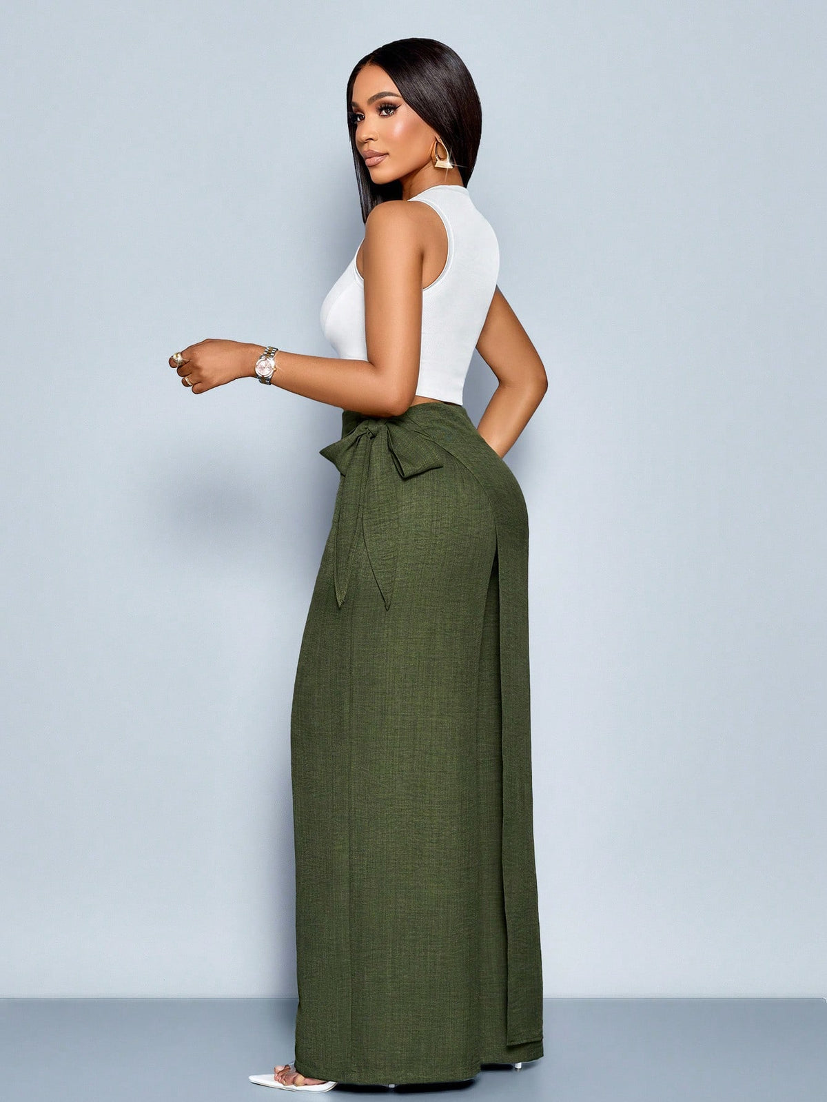 SOLERSUN Women's Linen-Like Belted High Waist Linen-Blend Tie Side Belted Wide Leg Pants