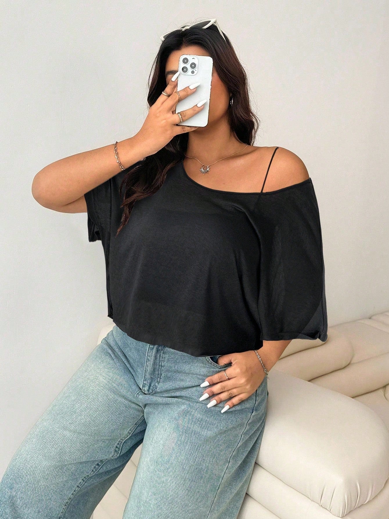 Solflare Plus Size Women's Bat Print Loose Casual Black T-Shirt,Holiday For Women