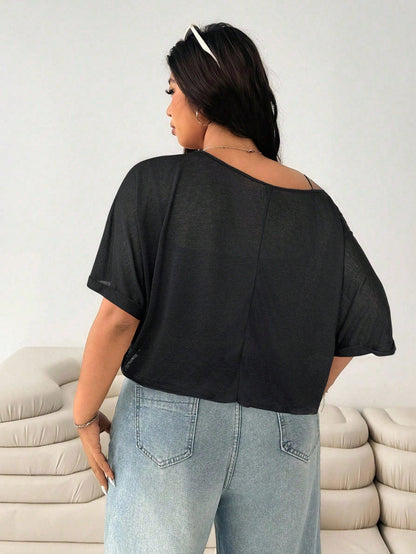 Solflare Plus Size Women's Bat Print Loose Casual Black T-Shirt,Holiday For Women