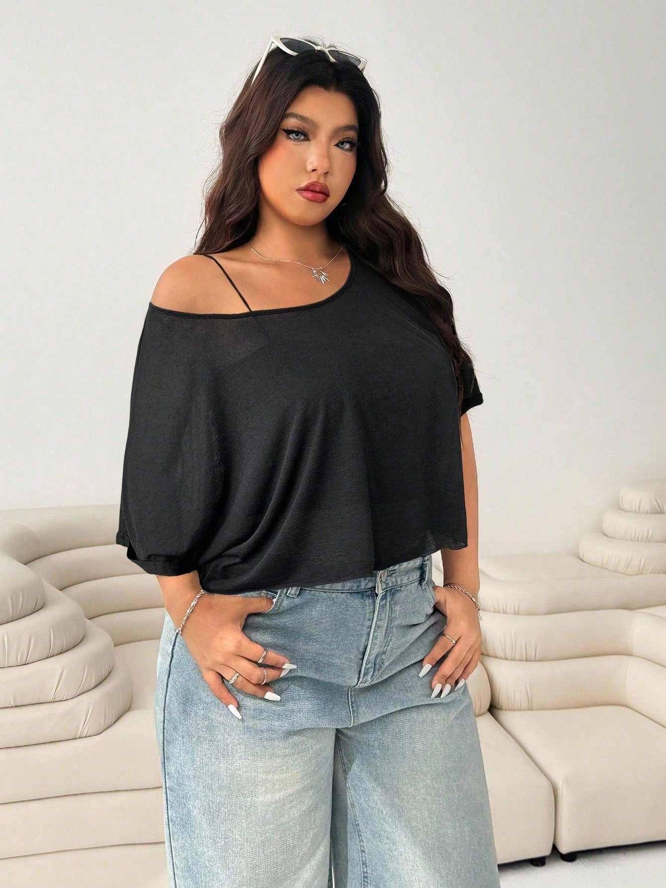 Solflare Plus Size Women's Bat Print Loose Casual Black T-Shirt,Holiday For Women