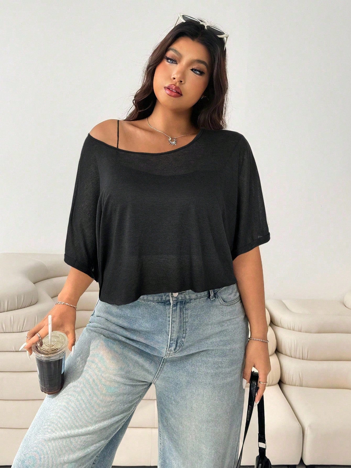 Solflare Plus Size Women's Bat Print Loose Casual Black T-Shirt,Holiday For Women