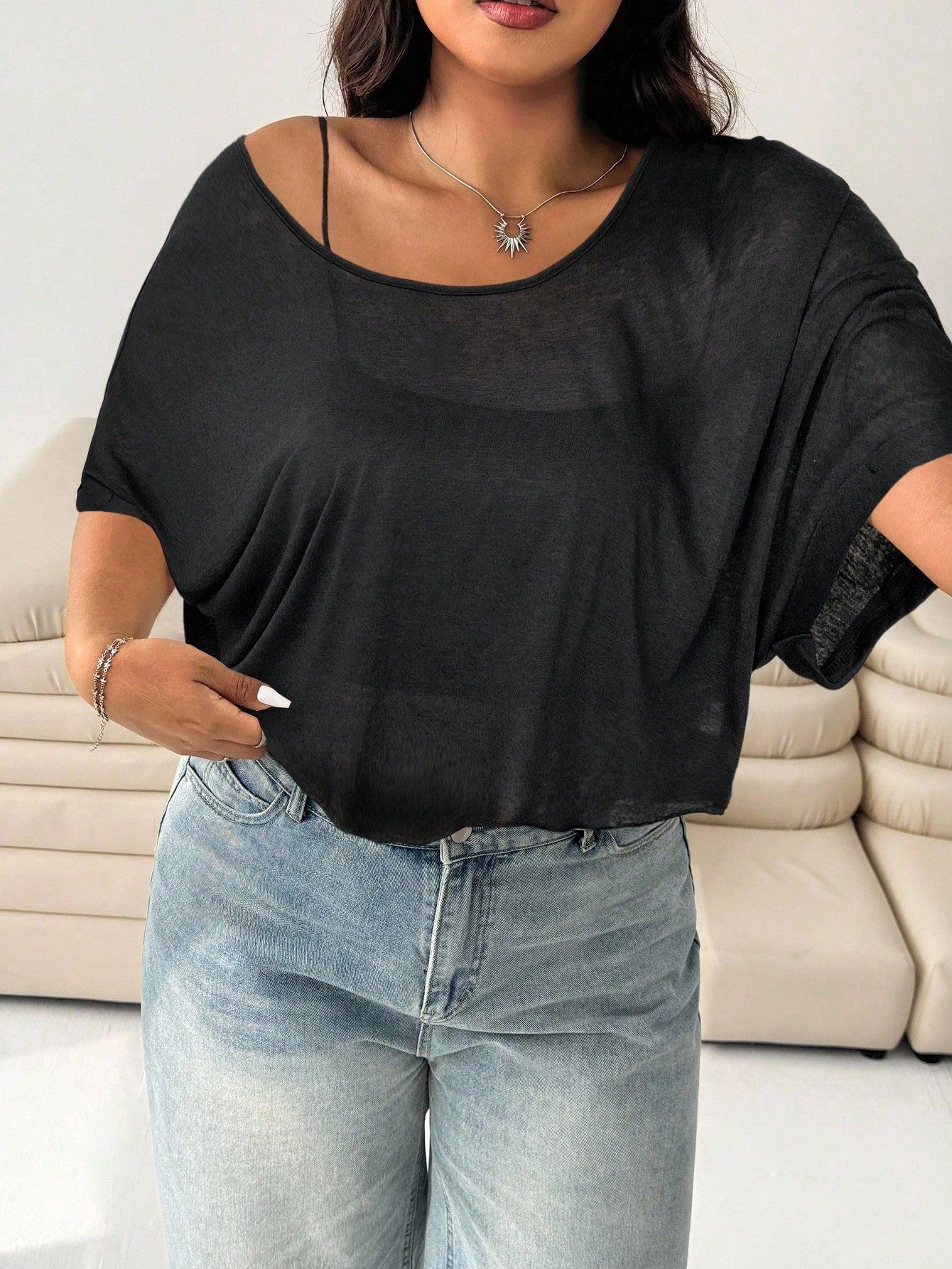 Solflare Plus Size Women's Bat Print Loose Casual Black T-Shirt,Holiday For Women