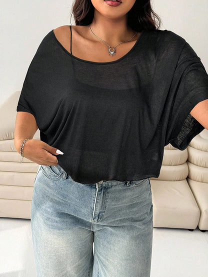 Solflare Plus Size Women's Bat Print Loose Casual Black T-Shirt,Holiday For Women