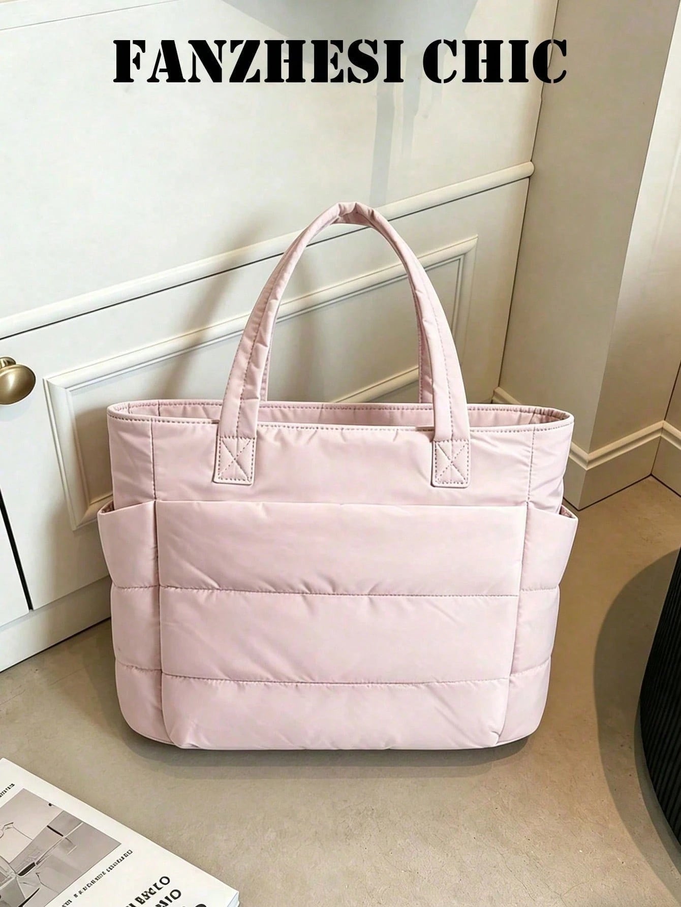 Solid Pink Quilted Nylon Tote Bag, Multi Compartment Design Lightweight Work Bag For Shopping Travel Weekend Outings