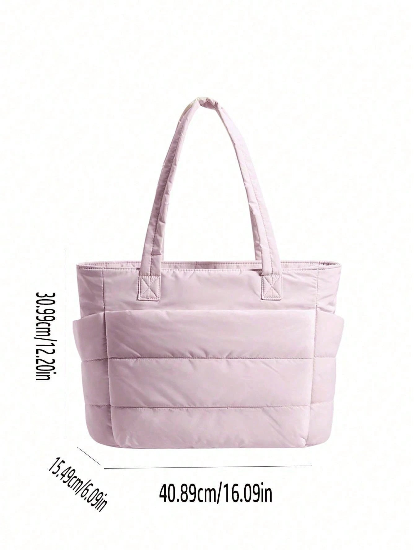 Solid Pink Quilted Nylon Tote Bag, Multi Compartment Design Lightweight Work Bag For Shopping Travel Weekend Outings