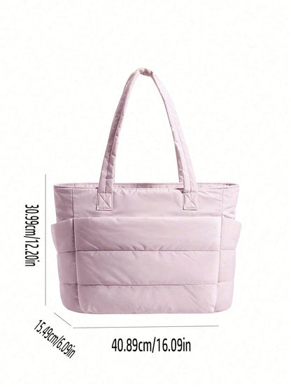 Solid Pink Quilted Nylon Tote Bag, Multi Compartment Design Lightweight Work Bag For Shopping Travel Weekend Outings