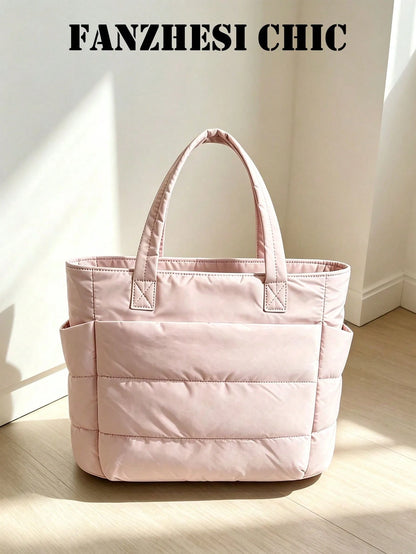 Solid Pink Quilted Nylon Tote Bag, Multi Compartment Design Lightweight Work Bag For Shopping Travel Weekend Outings