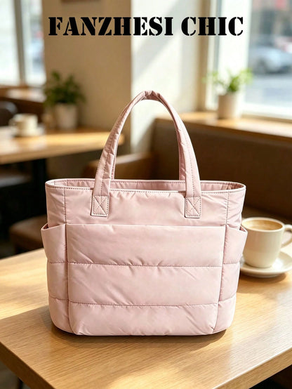 Solid Pink Quilted Nylon Tote Bag, Multi Compartment Design Lightweight Work Bag For Shopping Travel Weekend Outings