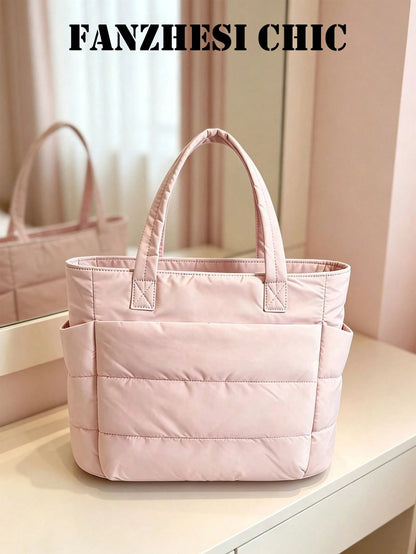 Solid Pink Quilted Nylon Tote Bag, Multi Compartment Design Lightweight Work Bag For Shopping Travel Weekend Outings