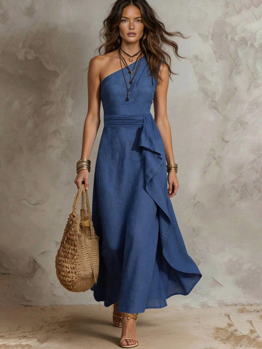 Solivie Women's Navy Blue Ruffle Trim Slit Design Casual Elegant Boho Party Vacation Tea Party Beach Banquet Vacation Holiday Vacation Dress Holiday Summer