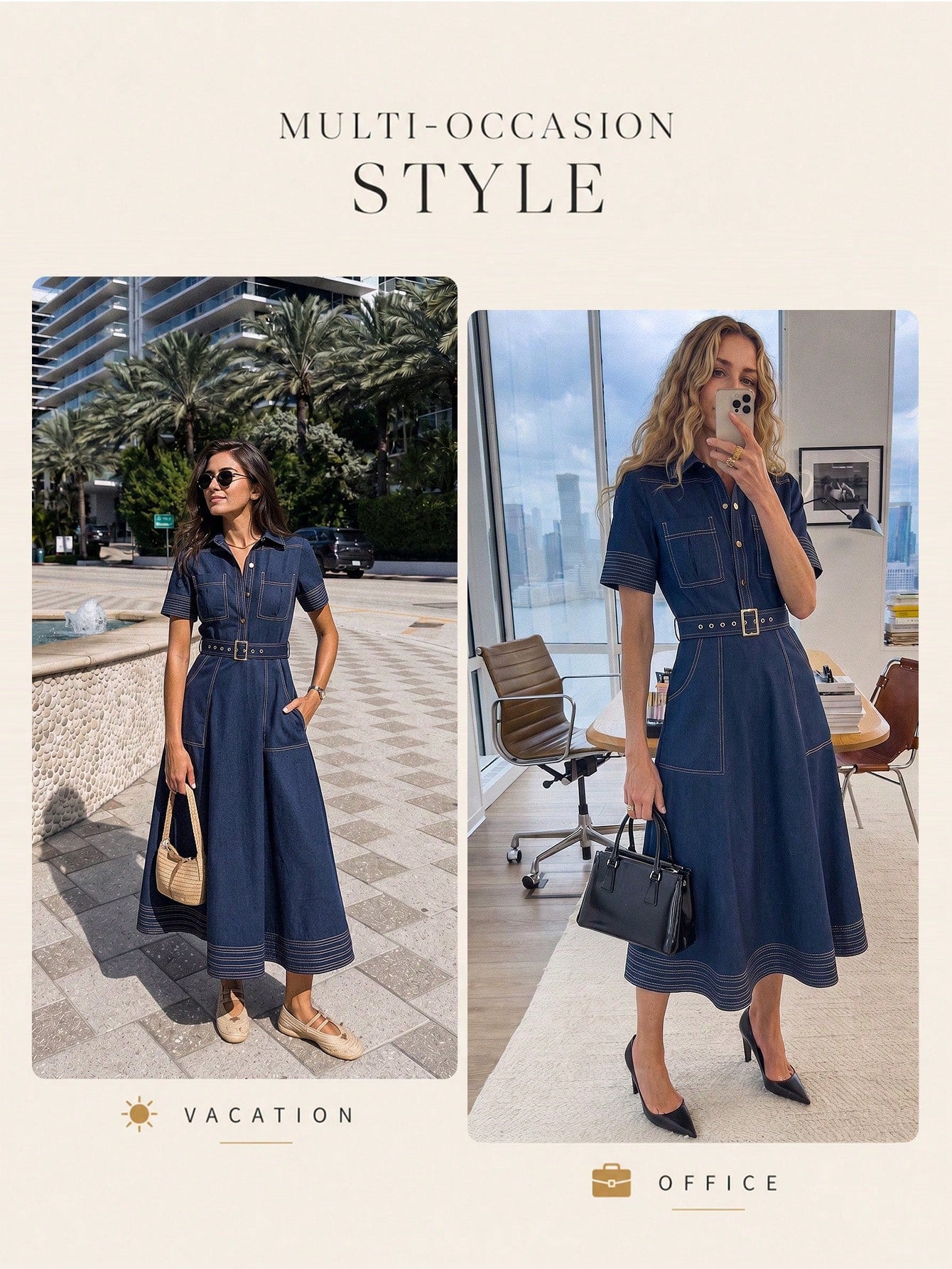 Sollinarry Women's Summer Casual Vintage Coin Print Short Sleeve Dress, Turndown Collar Contrast Color Front Button Pockets Design, Fitted Waist, Lightweight Breathable Non-Stretch Easy Care Fabric El
