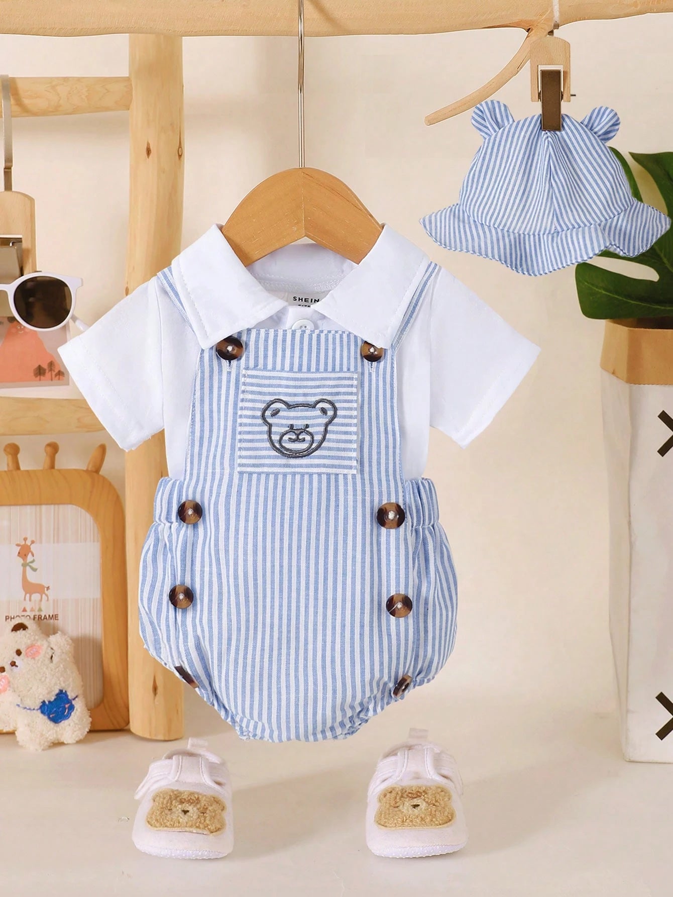 Souflis Souflis 3pcs/Set Newborn Baby Boys' Summer Casual Cute Outfit White Knitted Shirt & Blue And White Stripe Bear Embroidered Overall & Hat Family Matching