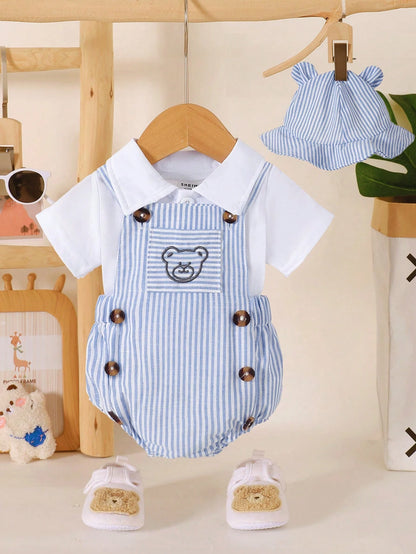 Souflis Souflis 3pcs/Set Newborn Baby Boys' Summer Casual Cute Outfit White Knitted Shirt & Blue And White Stripe Bear Embroidered Overall & Hat Family Matching