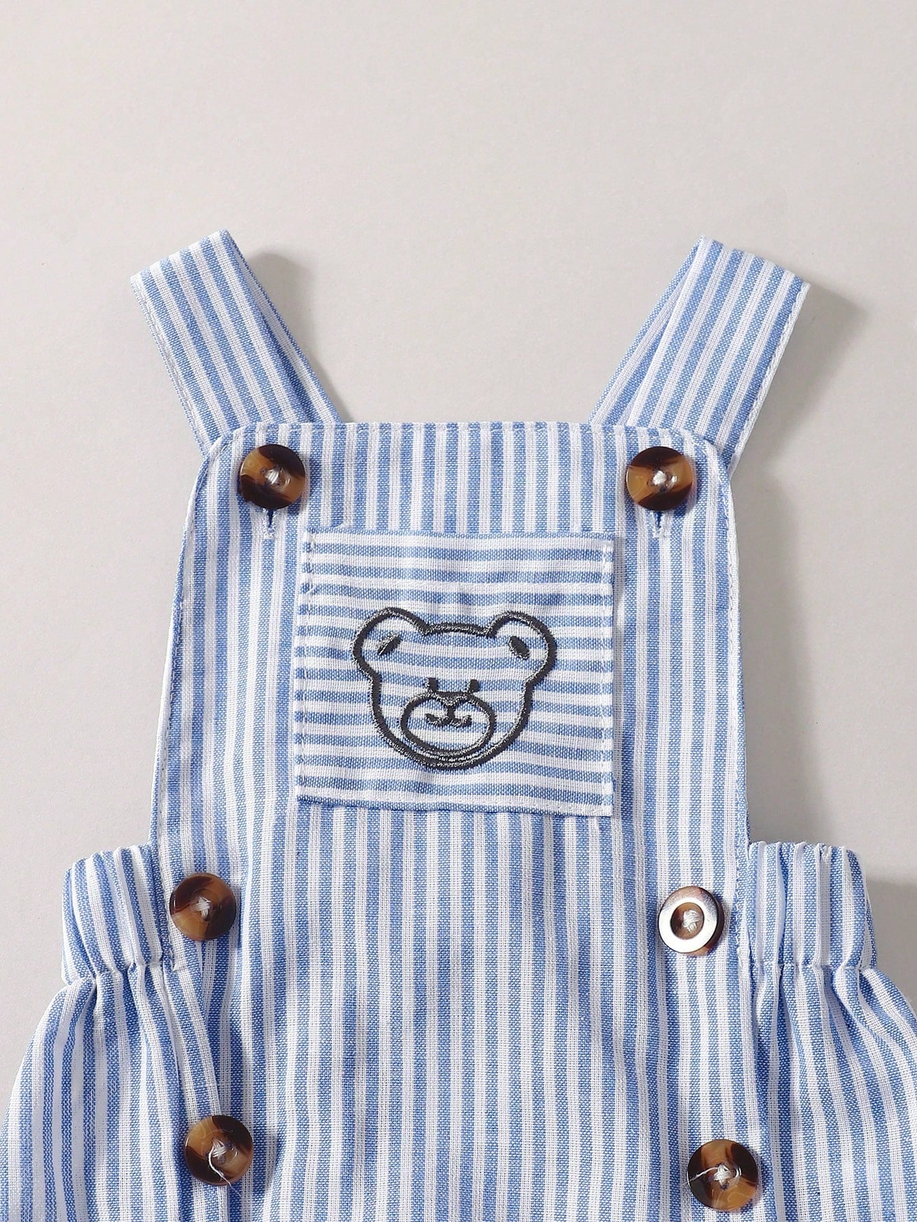 Souflis Souflis 3pcs/Set Newborn Baby Boys' Summer Casual Cute Outfit White Knitted Shirt & Blue And White Stripe Bear Embroidered Overall & Hat Family Matching