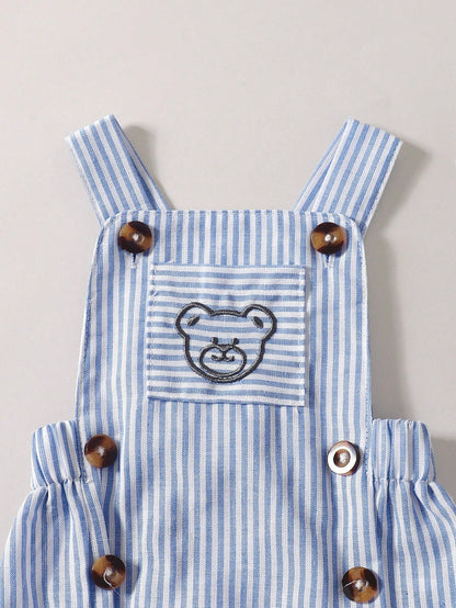 Souflis Souflis 3pcs/Set Newborn Baby Boys' Summer Casual Cute Outfit White Knitted Shirt & Blue And White Stripe Bear Embroidered Overall & Hat Family Matching