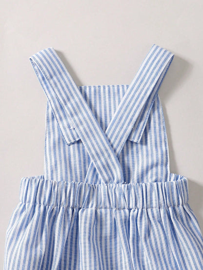 Souflis Souflis 3pcs/Set Newborn Baby Boys' Summer Casual Cute Outfit White Knitted Shirt & Blue And White Stripe Bear Embroidered Overall & Hat Family Matching