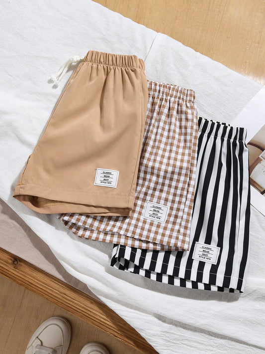 Souflis Souflis 3pcs Young BoyCasual Sports Shorts, Striped & Plaid Combo, Suitable For Daily Leisure, Sports, Vacation, Summer